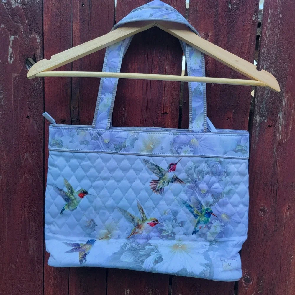 Lena Liu Hummingbird Quilted Tote Bag Floral Nature Art Shoulder Bag Zipper Top